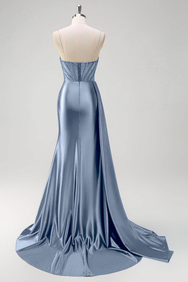 Load image into Gallery viewer, Navy Mermaid V Neck Corset Beaded Prom Dress with Slit