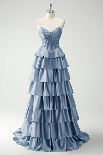 Green Sweetheart Princess Tiered Long Corset Prom Dress