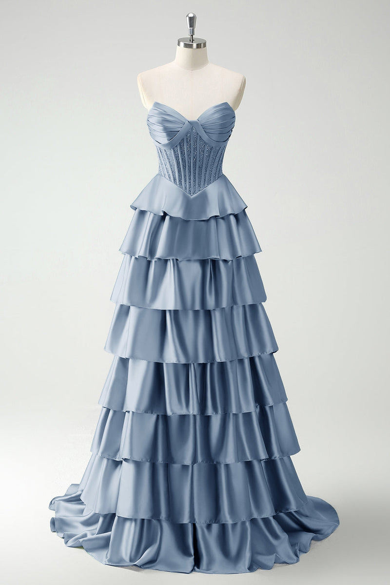Load image into Gallery viewer, Green Sweetheart Princess Tiered Long Corset Prom Dress