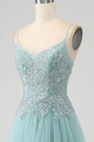 Load image into Gallery viewer, Sparkly Light Green A-Line Sequin Applique Corset Prom Dress with Slit