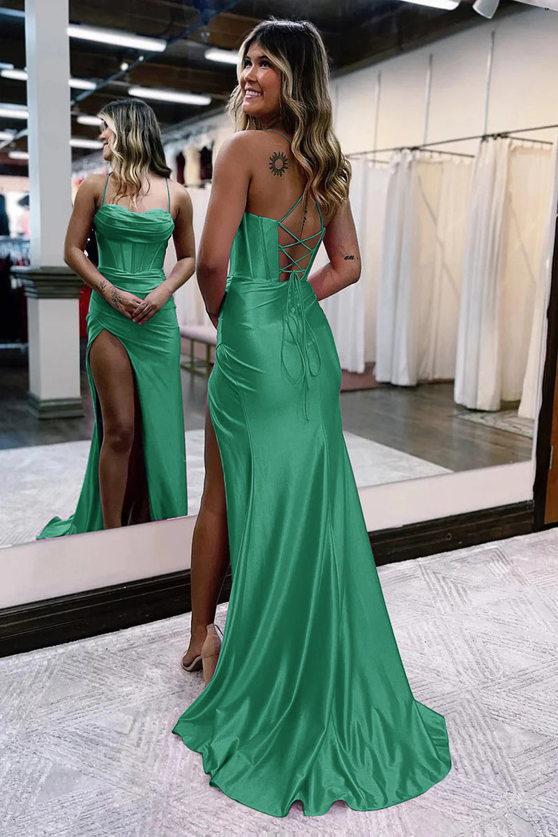 Load image into Gallery viewer, Dark Green Satin Mermaid Corset Prom Dress with Slit