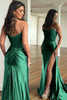 Load image into Gallery viewer, Dark Green Mermaid Strapless Satin Corset Prom Dress with Slit