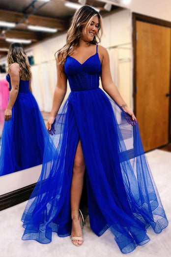 Hot Pink A Line Corset Prom Dress with Slit