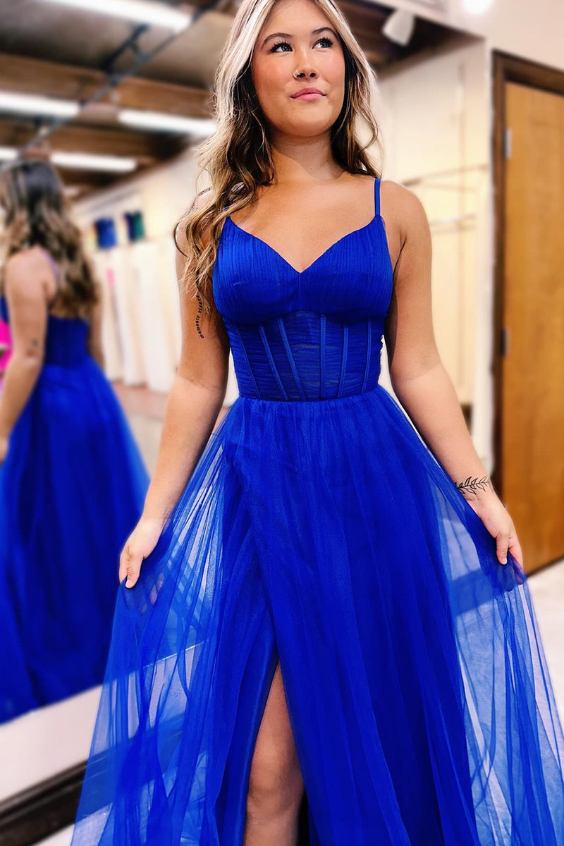 Load image into Gallery viewer, Hot Pink A Line Corset Prom Dress with Slit