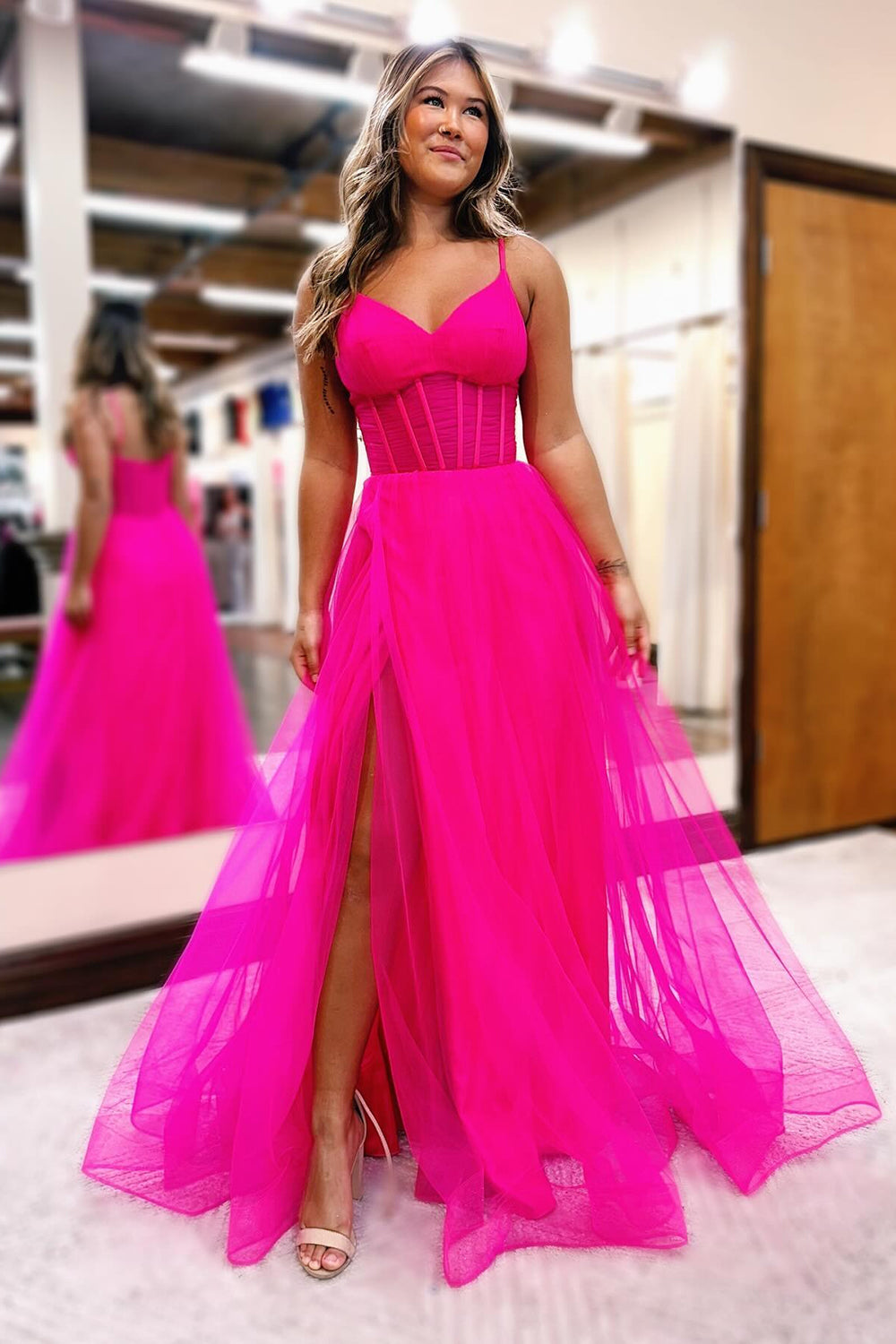 Hellymoon Women Hot Pink Corset Prom Dress Tulle Spaghetti Straps A Line  Party Dress with Slit – hellymoonuk