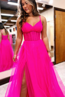 Hot Pink A Line Corset Prom Dress with Slit