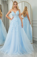 Load image into Gallery viewer, Light Blue A Line Spaghetti Straps Tulle Long Prom Dress with Appliques