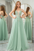 Load image into Gallery viewer, Green A Line Spaghetti Straps Tulle Long Prom Dress with Appliques