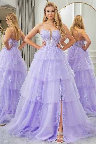 Lilac A Line Spaghetti Straps Tulle Long Prom Dress with Appliques