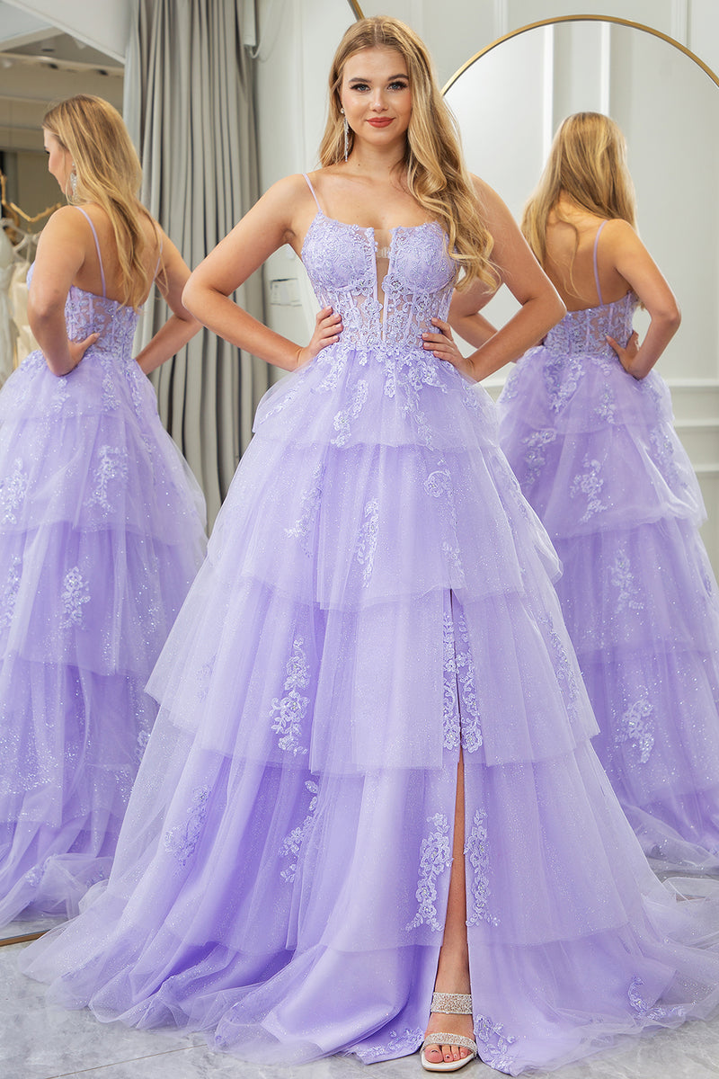 Load image into Gallery viewer, Lilac A Line Spaghetti Straps Tulle Long Prom Dress with Appliques