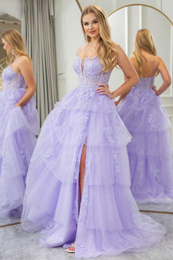 Lilac A Line Spaghetti Straps Tulle Long Prom Dress with Appliques