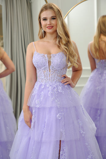 Lilac A Line Spaghetti Straps Tulle Long Prom Dress with Appliques
