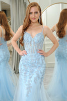 Load image into Gallery viewer, Light Blue Mermaid Spaghetti Straps Tulle Long Prom Dress with Appliques