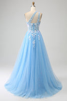 Load image into Gallery viewer, Light Blue A-line One Shoulder Tulle Long Prom Dress with Appliques