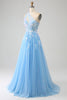 Load image into Gallery viewer, Light Blue A-line One Shoulder Tulle Long Prom Dress with Appliques