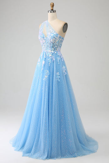 Light Blue A-line One Shoulder Tulle Long Prom Dress with Appliques