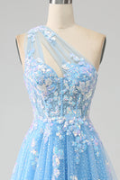 Load image into Gallery viewer, Light Blue A-line One Shoulder Tulle Long Prom Dress with Appliques