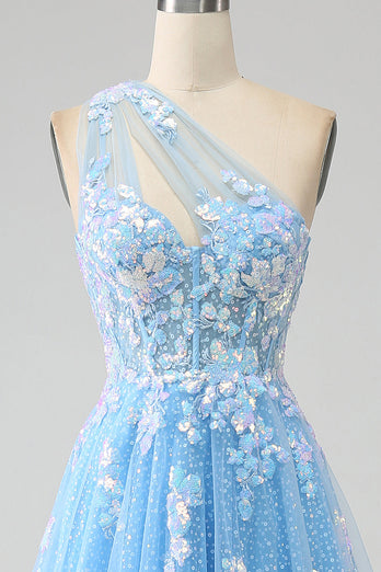 Light Blue A-line One Shoulder Tulle Long Prom Dress with Appliques