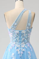 Load image into Gallery viewer, Light Blue A-line One Shoulder Tulle Long Prom Dress with Appliques