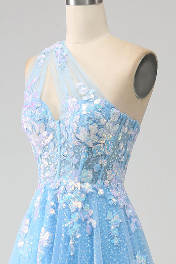 Light Blue A-line One Shoulder Tulle Long Prom Dress with Appliques