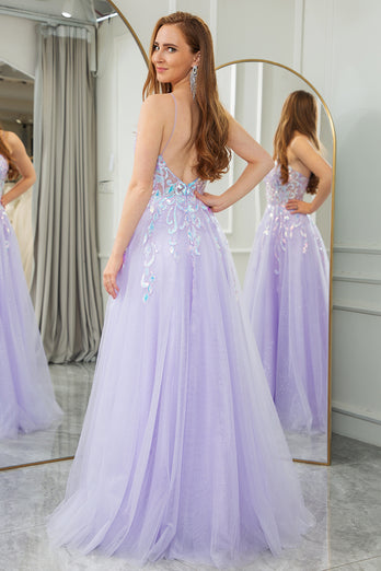 Lilac A Line Spaghetti Straps Tulle Long Prom Dress with Sequins