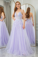Load image into Gallery viewer, Lilac A Line Spaghetti Straps Tulle Long Prom Dress with Sequins