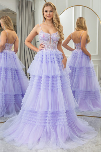 Lilac A Line Spaghetti Straps Tulle Long Tiered Prom Dress