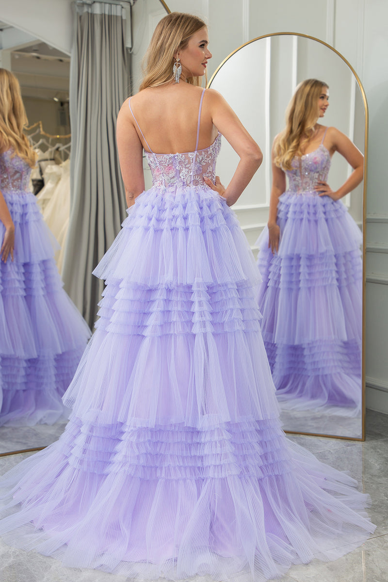 Load image into Gallery viewer, Lilac A Line Spaghetti Straps Tulle Long Tiered Prom Dress
