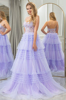 Load image into Gallery viewer, Lilac A Line Spaghetti Straps Tulle Long Tiered Prom Dress