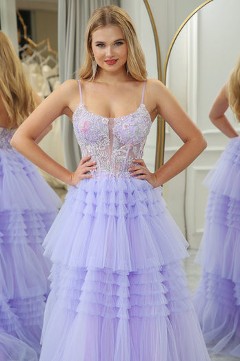 Lilac A Line Spaghetti Straps Tulle Long Tiered Prom Dress