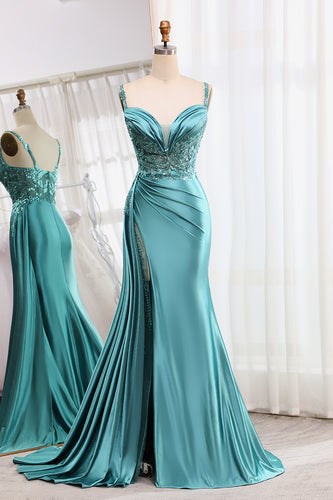 Mermaid Blue Appliques Pleated Prom Dress with Slit