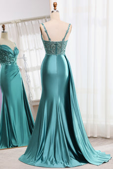 Mermaid Blue Appliques Pleated Prom Dress with Slit