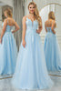 Load image into Gallery viewer, Light Blue A-line Tulle Spaghetti Straps Prom Dress with Appliques