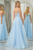 Load image into Gallery viewer, Light Blue A-line Tulle Spaghetti Straps Prom Dress with Appliques