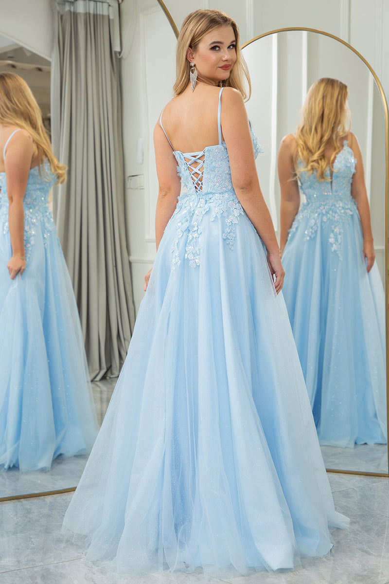 Load image into Gallery viewer, Light Blue A-line Tulle Spaghetti Straps Prom Dress with Appliques
