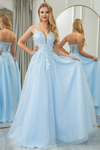 Light Blue A-line Tulle Spaghetti Straps Prom Dress with Appliques