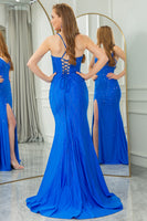 Load image into Gallery viewer, Mermaid Spaghetti Straps Royal Blue Long Prom Dress With Slit