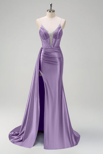 Navy Mermaid V Neck Corset Beaded Prom Dress with Slit