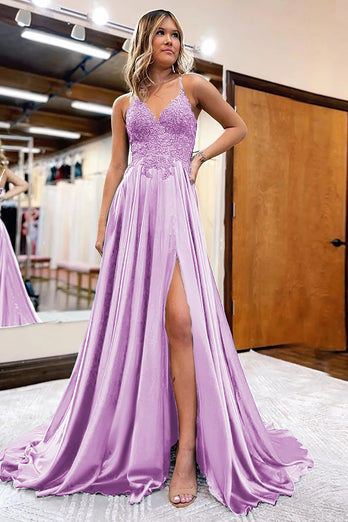 A Line Lilac Satin Beaded Prom Dress with Slit