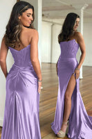 Load image into Gallery viewer, Dark Green Mermaid Strapless Satin Corset Prom Dress with Slit