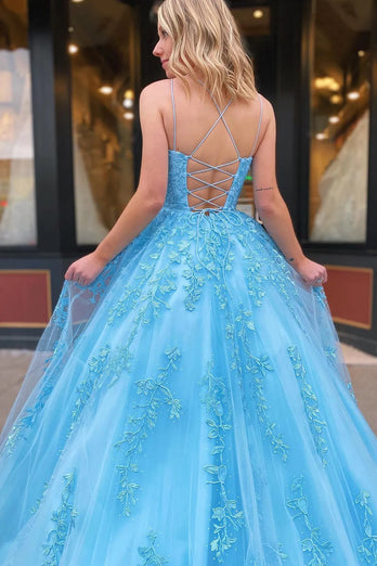 Princess Yellow Appliques Spaghetti Straps Prom Dress