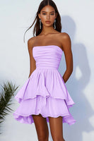 Load image into Gallery viewer, Sky Blue A Line Strapless Chiffon Short Cocaktail Dress with Ruffles