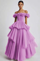 Load image into Gallery viewer, Dusty Sage Off The Shoulder A Line Ruffles Prom Dress