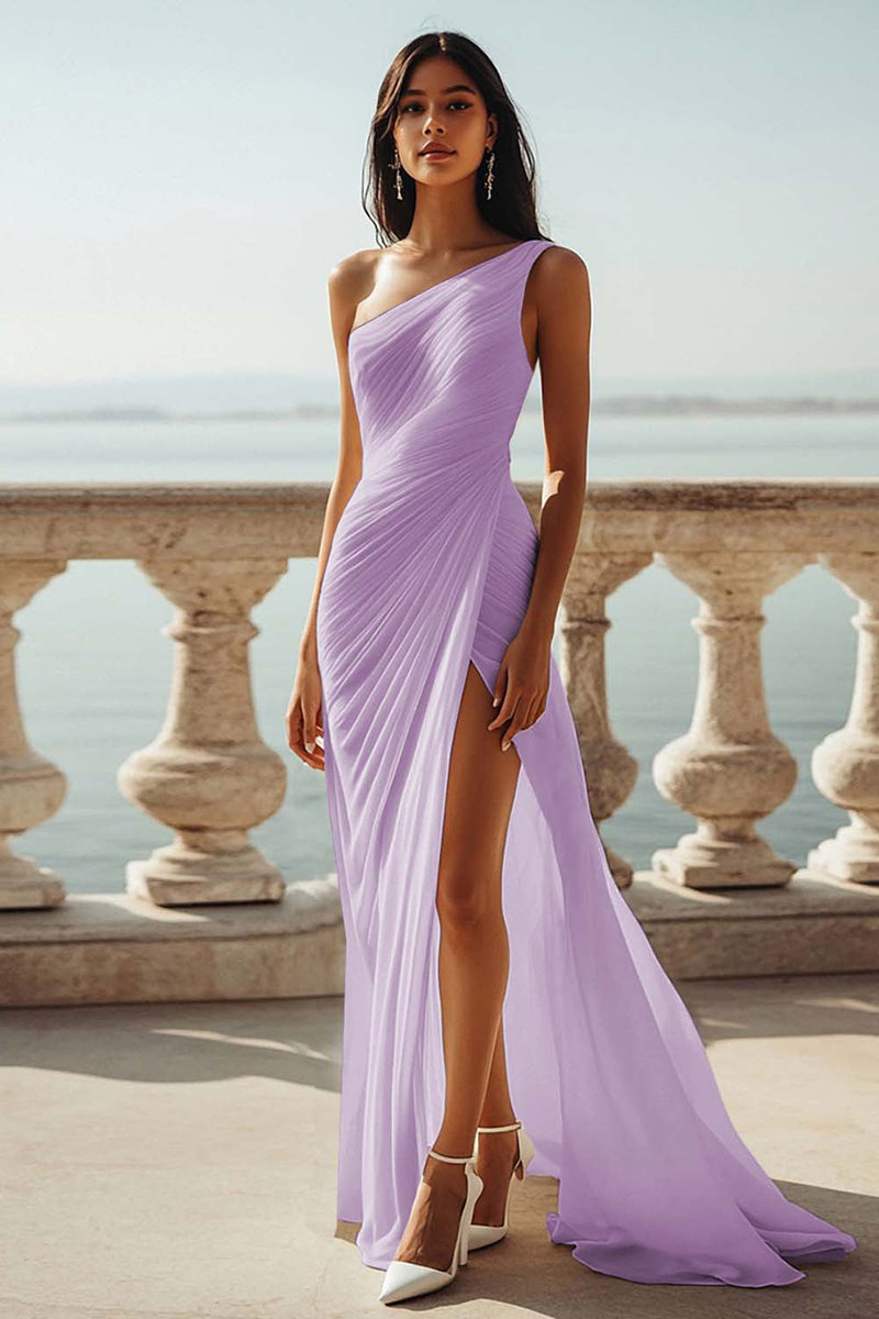 Load image into Gallery viewer, Chiffon Ivory One Shoulder Maxi Sheath Beach Engagement Dress with Slit