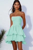Load image into Gallery viewer, Sky Blue A Line Strapless Chiffon Short Cocaktail Dress with Ruffles