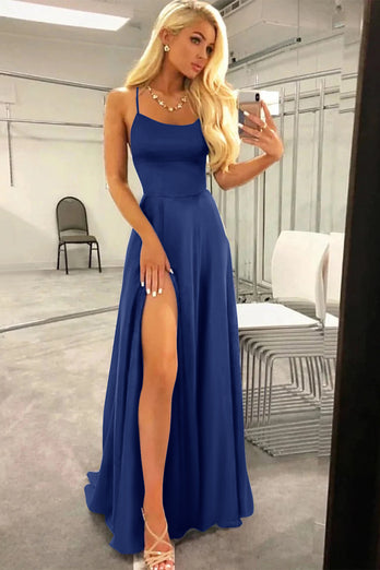 Fuchsia Halter Backless A Line Satin Prom Dress with Slit