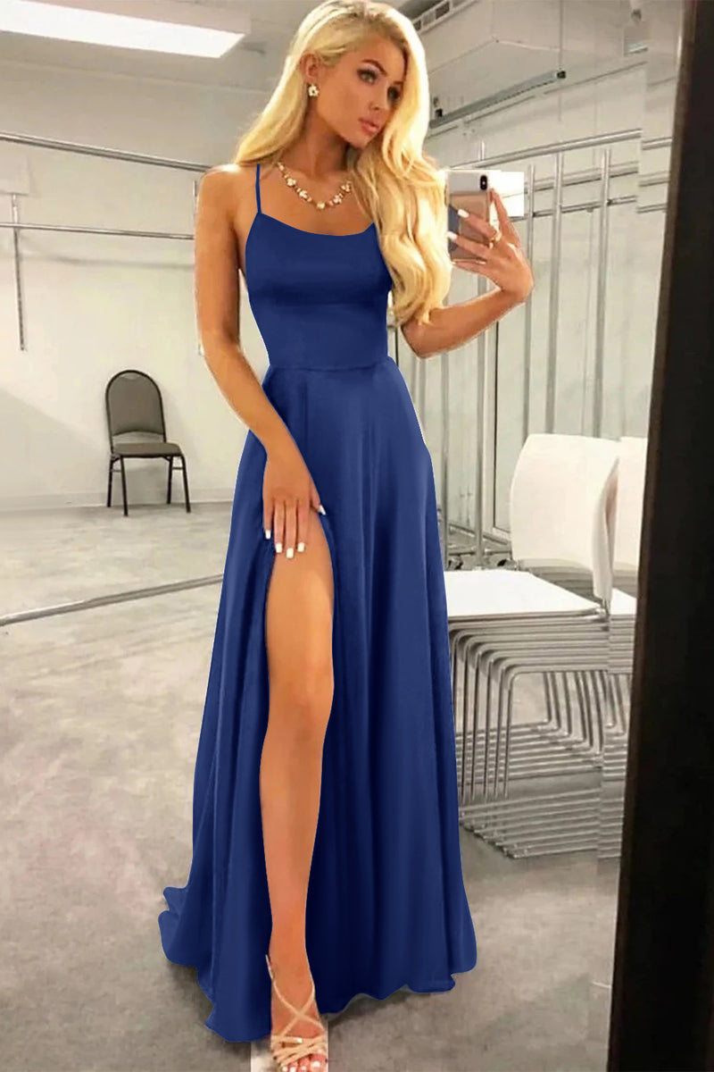 Load image into Gallery viewer, Fuchsia Halter Backless A Line Satin Prom Dress with Slit