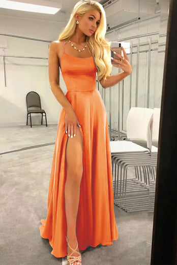 Fuchsia Halter Backless A Line Satin Prom Dress with Slit