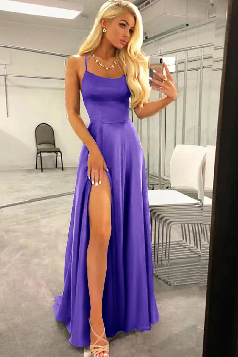 Load image into Gallery viewer, Fuchsia Halter Backless A Line Satin Prom Dress with Slit