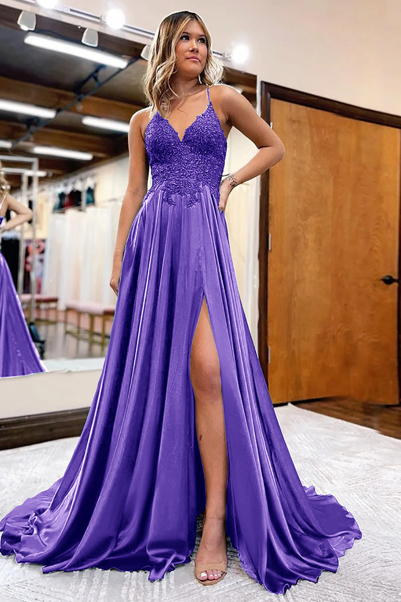 Load image into Gallery viewer, A Line Lilac Satin Beaded Prom Dress with Slit